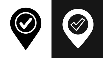 Location pin with checkmark icon in black and white, simple vector graphic design element