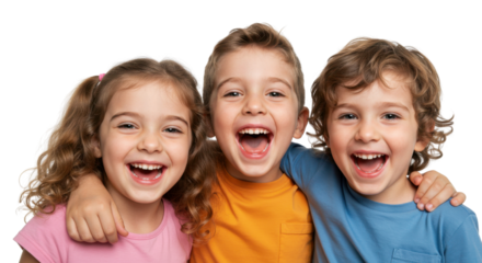 Three cheerful children embracing and laughing isolated PNG with Transparent Background