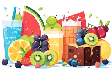 Vibrant Summer Fruit Platter with Refreshing Drinks and Dessert: Cartoon Style