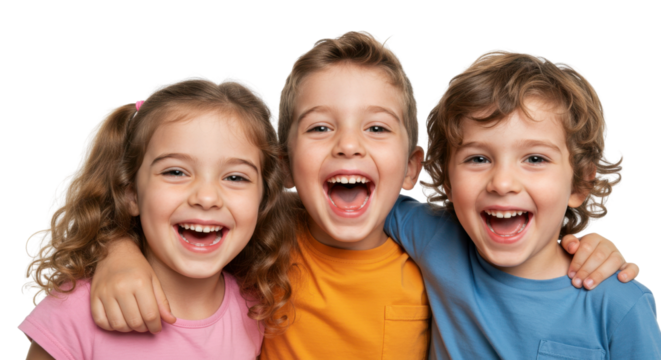 Three cheerful children embracing and laughing isolated PNG with Transparent Background