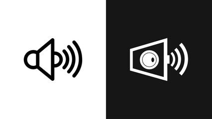Audio speaker icon with sound waves in black and white, digital illustration for volume control or sound symbol.