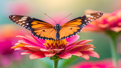 Naklejka premium Vibrant butterfly rests on delicate pink flower, nature's beauty captured in exquisite detail