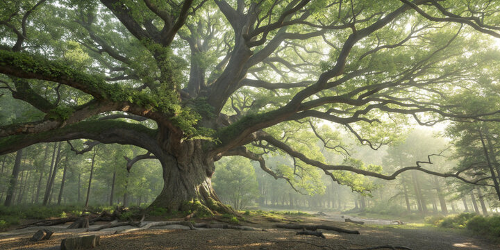 A colosal majestic old oak tree with sprawling branches in a lush green forest, bathed in warm sunlight, creating a serene and idyllic natural landscape