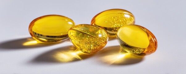 Four translucent, amber-gold gel capsules rest on a white surface, casting subtle reflections