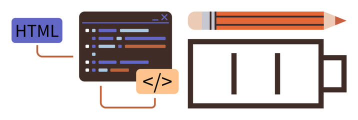 HTML tag, coding interface, pencil, and low-battery icon symbolize digital design, coding, creativity, focus, resource management, productivity problem-solving simple flat metaphor