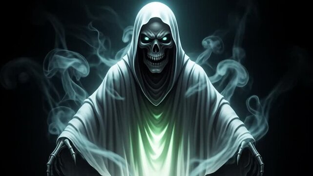 Creepy White Shrouded Evil Skull Floating in Darkness