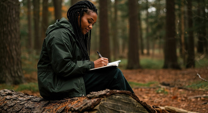 Woman writes in a notebook while sitting on a log in a tranquil forest during fall