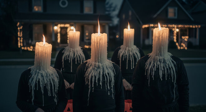 Group of children in Halloween costumes with giant melting candle heads, carrying pumpkin buckets while trick-or-treating. - Powered by Adobe