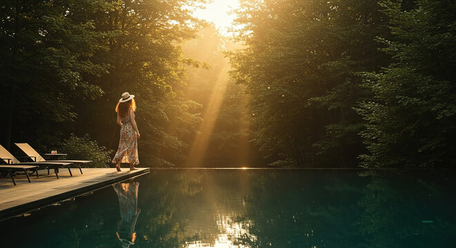 Woman in a flowy dress walks by a tranquil forest pool during golden hour sunlight