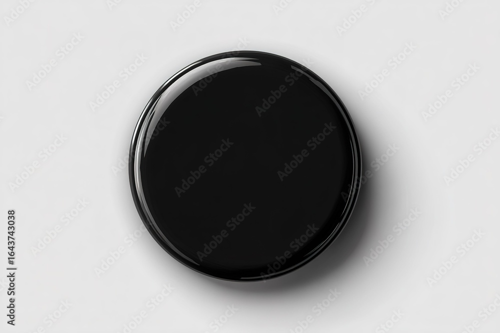 Poster glossy black circular object showcasing smooth surface and reflective quality in minimalistic design