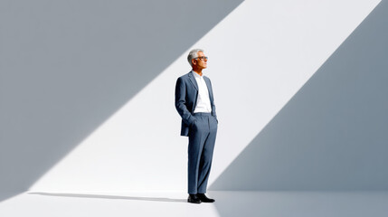 Confident senior executive standing in sunlit office corner, modern suit, strong diagonal light, professional and inspiring mood