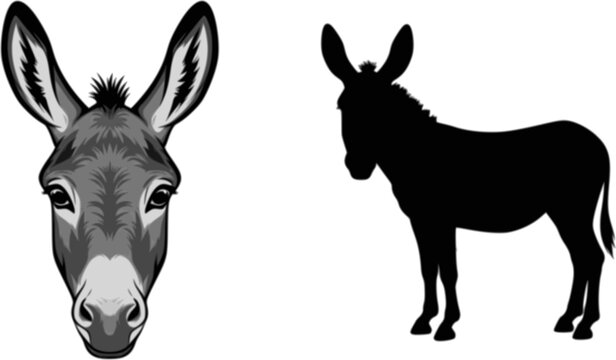 Illustration showing a donkey face and a donkey silhouette in black and white color scheme design editable vector