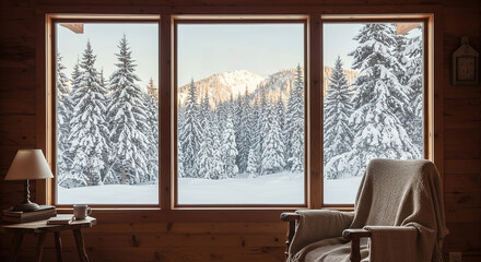 Cozy cabin interior with large windows showcasing a snowy mountain landscape