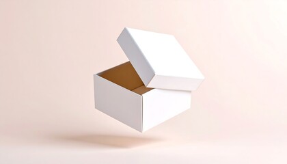 White square box with open lid floating against a soft peach background white box