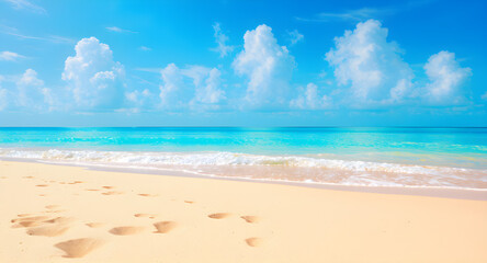Tranquil tropical beach with soft waves and clear turquoise water under a blue sky with fluffy clouds, offering the perfect escape destination