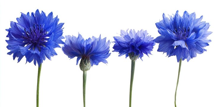 Four vibrant blue cornflowers, varying in bloom stages, stand in a row against a stark white background, showcasing their delicate petals and slender stems - Powered by Adobe