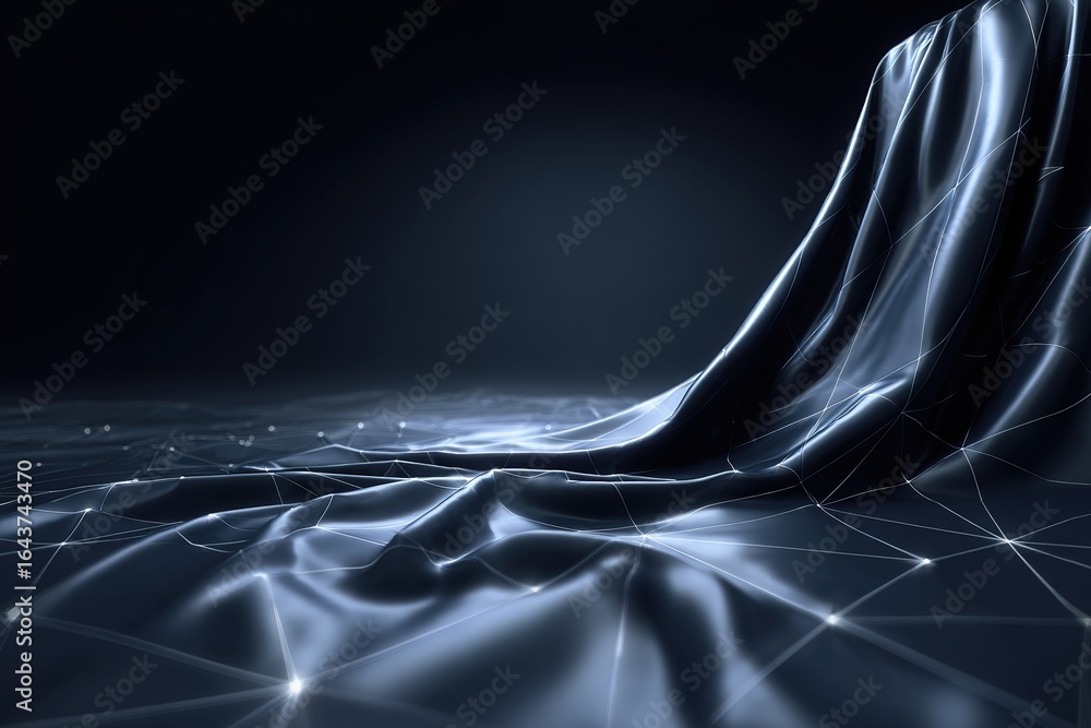 Poster silken fabric drapes in a dark setting showcasing a digital pattern and soft lighting effects