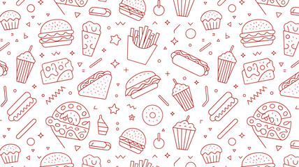 Seamless Fast Food Pattern Background with Burgers Fries Hot Dogs Pizza and Desserts Vector Illustration for Menu Design and Food Related Projects