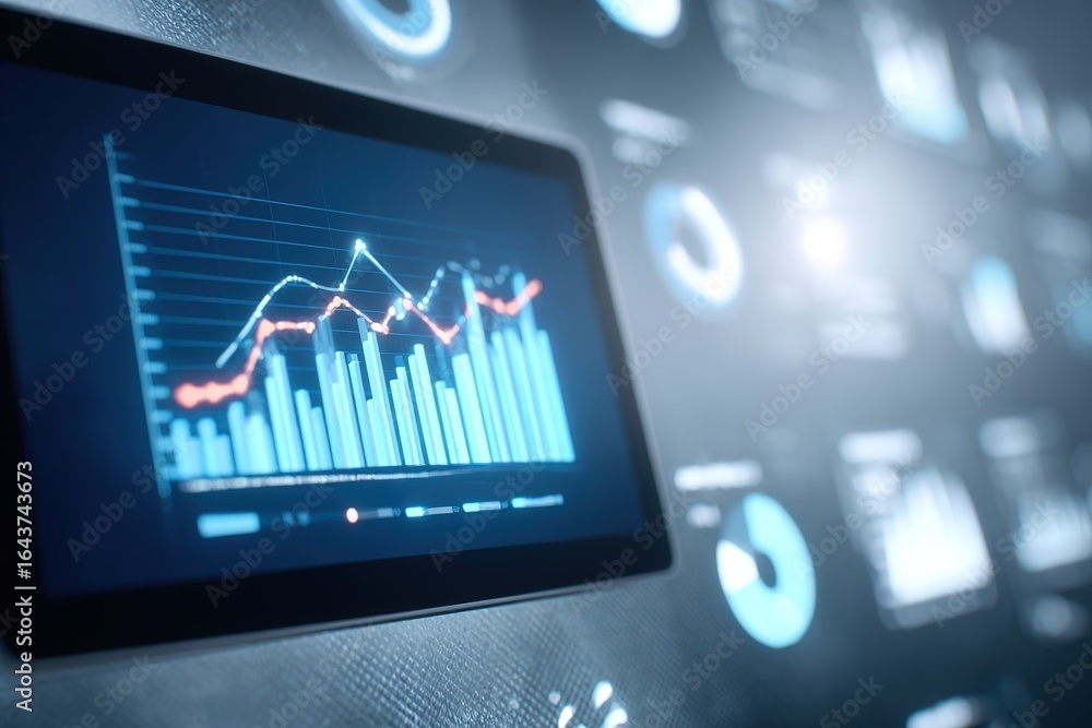 Poster digital data analysis displayed on tablet with graphs and charts in a modern office setting