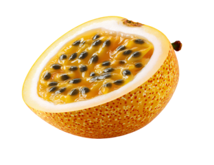 A cut golden Caribbean passion fruit with black seeds, transparent background