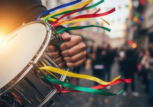 Close-up of a hand clutching a tamborim drum decorated with colorful ribbons during Brazilian street carnival celebration