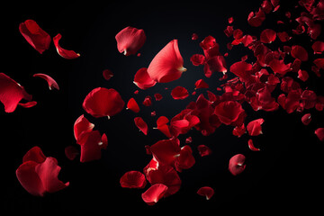 Red rose petals falling on a black background