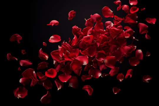 Red rose petals falling on a black background