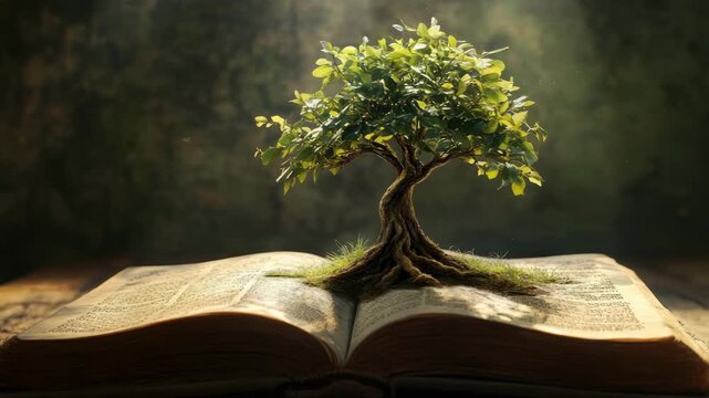 Tree growing out of open book, symbolizing knowledge and growth