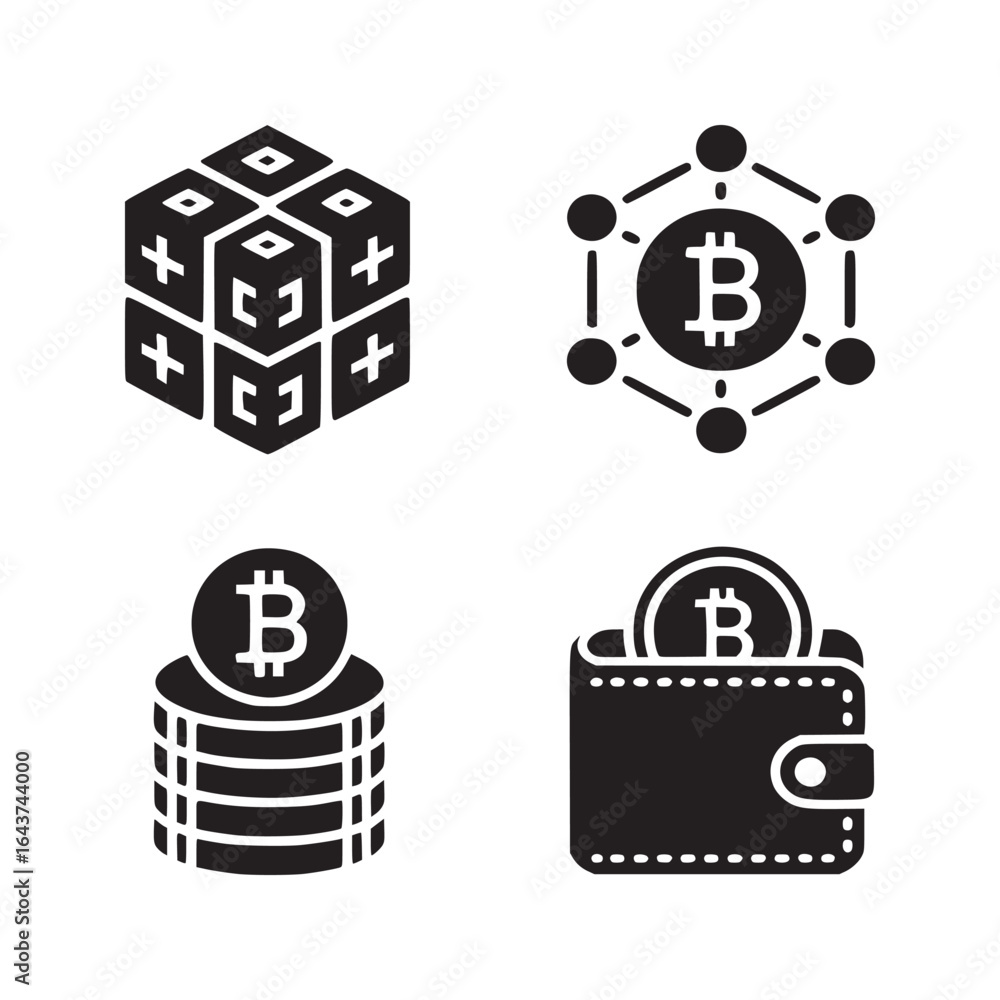 Poster four bitcoin concept icons depicting blockchain network coins stack and wallet in black and white