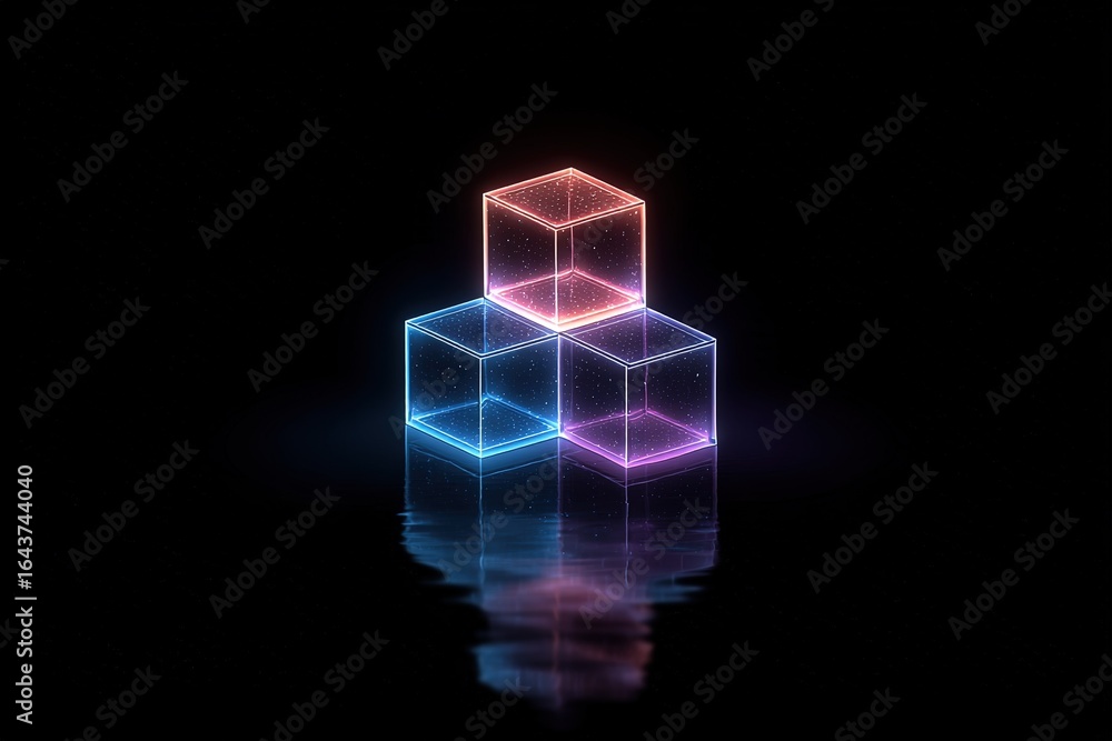 Poster digital glowing cubes with reflections on a dark background create a futuristic atmosphere in abstra