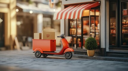 E-commerce idea featuring a delivery service via mobile app, with transportation by truck or scooter. 3D render.