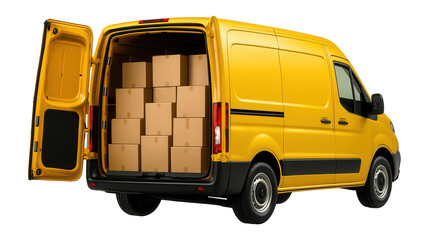 Yellow delivery van with open doors, filled with cardboard boxes.