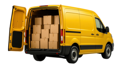 Yellow delivery van with open doors, filled with cardboard boxes.