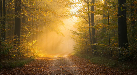 Fototapeta premium Soft golden sunlight filters through a magical forest path in autumn