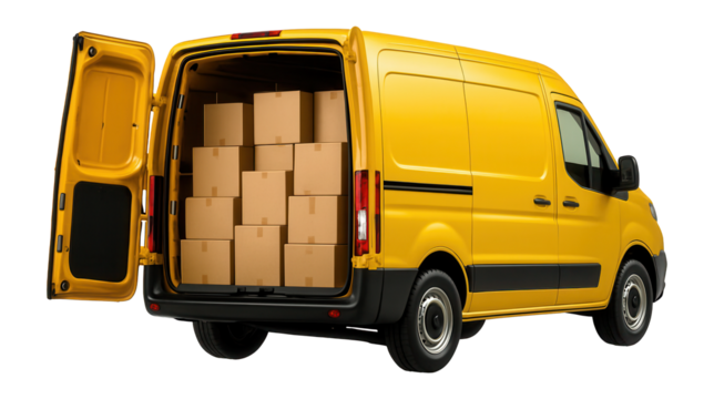 Yellow delivery van with open doors, filled with cardboard boxes. - Powered by Adobe