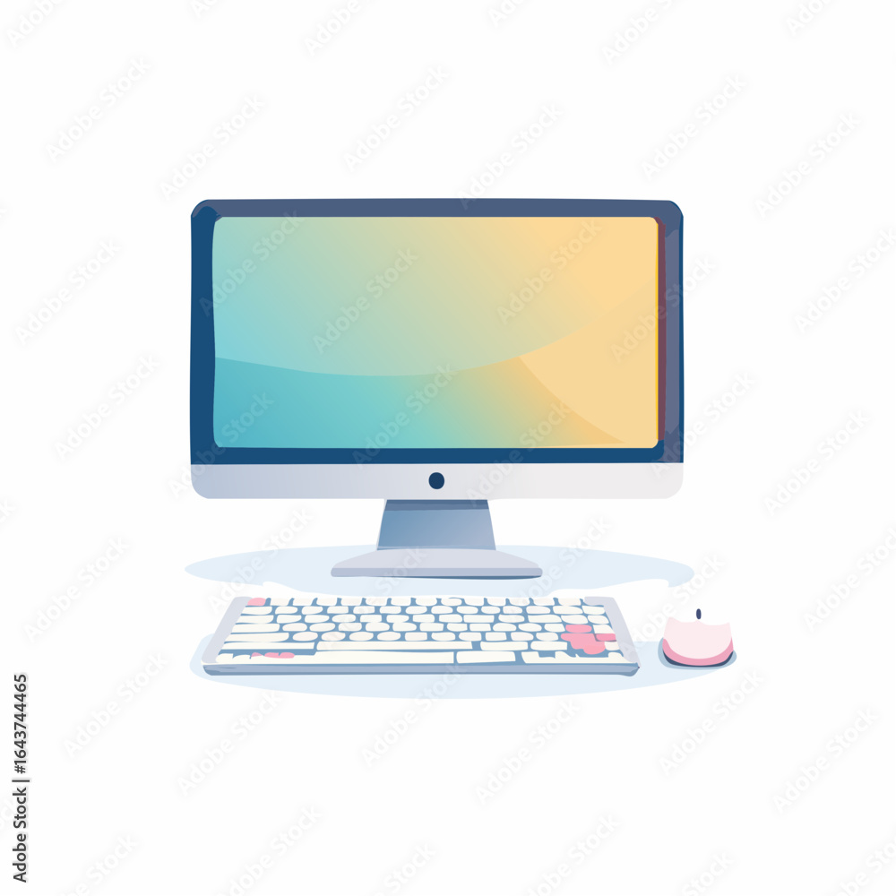 Poster cartoon desktop computer screen keyboard and mouse on white background