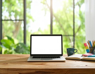 Fototapeta premium Laptop on a wooden desk, overlooking a garden