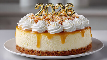 Classic New Year cheesecake with whipped cream, caramel drizzle, crumb topping, and gold 2026 decoration on white plate, festive celebration