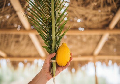 Hand holding etrog and palm lulav under tiki roof for Sukkot celebration