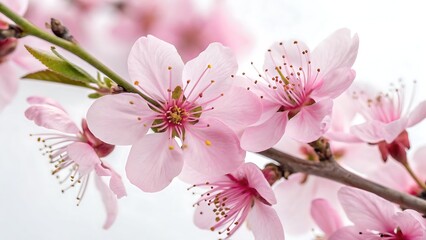 Naklejka premium Beautiful pink flowers on white background, close up,flower, pink, spring, blossom, nature, tree, flowers, bloom, branch, plant, cherry, blooming, beauty, garden, petal, flora, white, macro, blossoms,