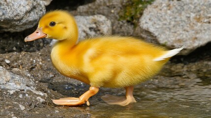 Obraz premium Yellow duckling in shallow water