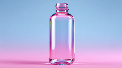 Clear glass bottle with pink reflection, empty container, minimal style, standing on pink surface, blue background, clean and modern