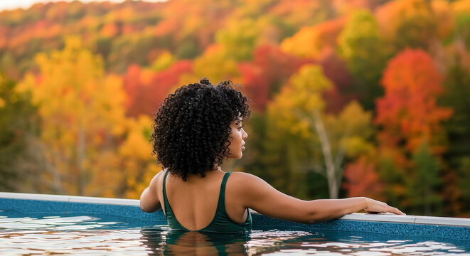 Relaxing in a serene pool surrounded by vibrant autumn foliage in a tranquil outdoor setting