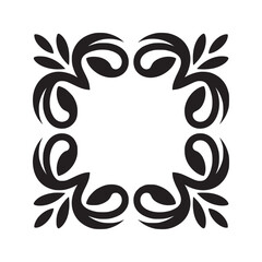 A decorative square frame with swirling floral elements in black and white illustration style art