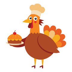 Whimsical cartoon turkey wearing a chef hat proudly displays a perfectly roasted pumpkin for autumn celebrations