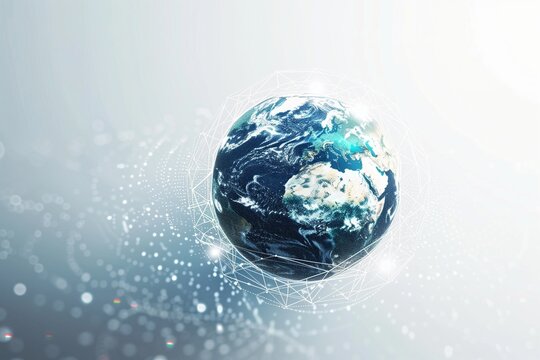 Digital hologram of planet Earth, futuristic data overlay, clean white minimal background, technology concept.
