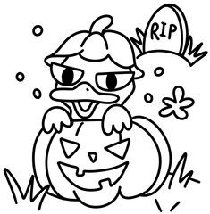 Halloween Quacky Duck Clipart Cute Halloween Line Art Set, Hand Drawn Vector