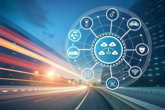 car driving on highway with cloud computing icon