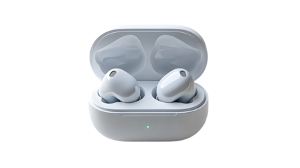 Close up of white wireless earbuds in their charging case on a black background in studio shot