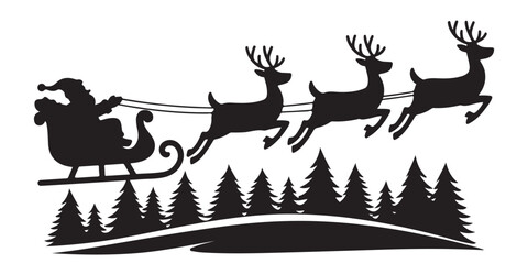 Santa Claus on sleigh flying sky with reindeers black vector silhouette , Silhouette of santa claus